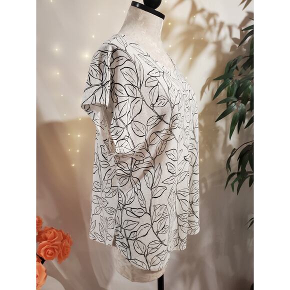Orvis Womens Leaf Botanical Print Linen Scoop Neck Cap Sleeve Top Size M White - Picture 4 of 11